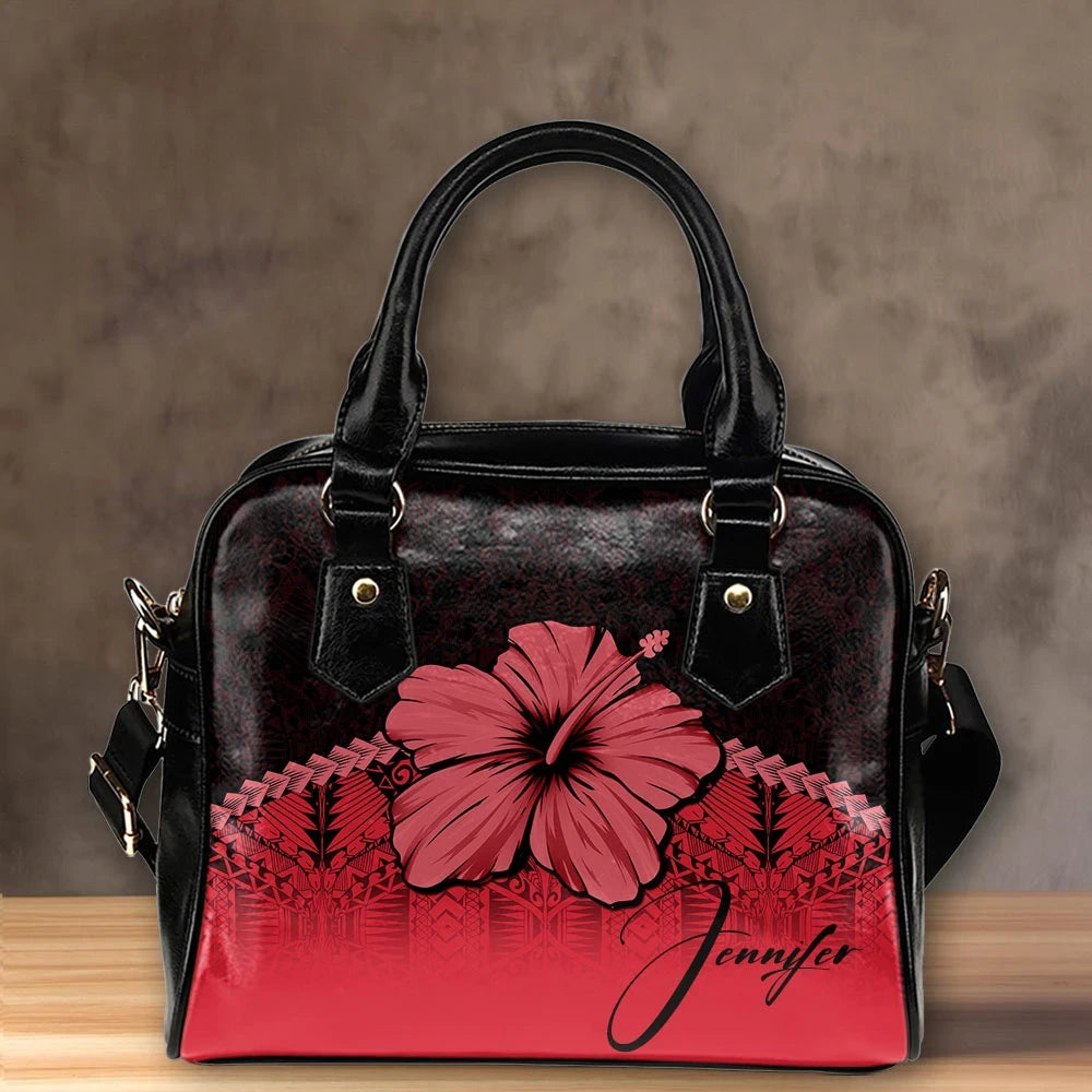 Custom Polynesian Shoulder Handbag Red Hibiscus Personal Signature