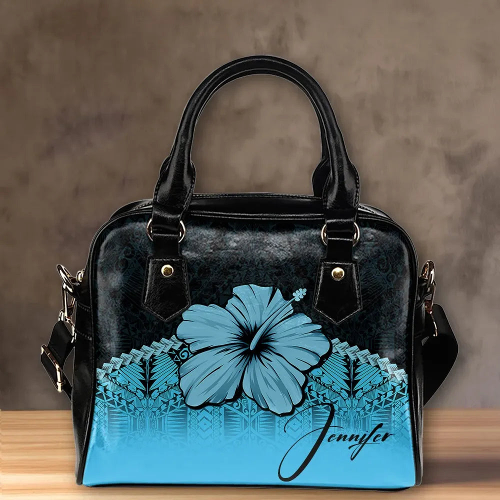 Custom Polynesian Shoulder Handbag Turquoise Hibiscus Personal Signature