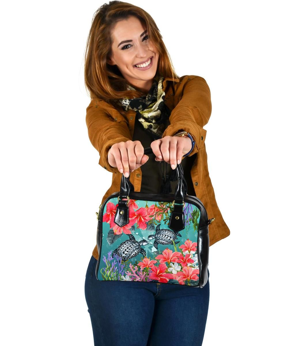 Kanaka Maoli Hawaiian Shoulder Handbag Polynesian Turtle Hibiscus And Seaweed