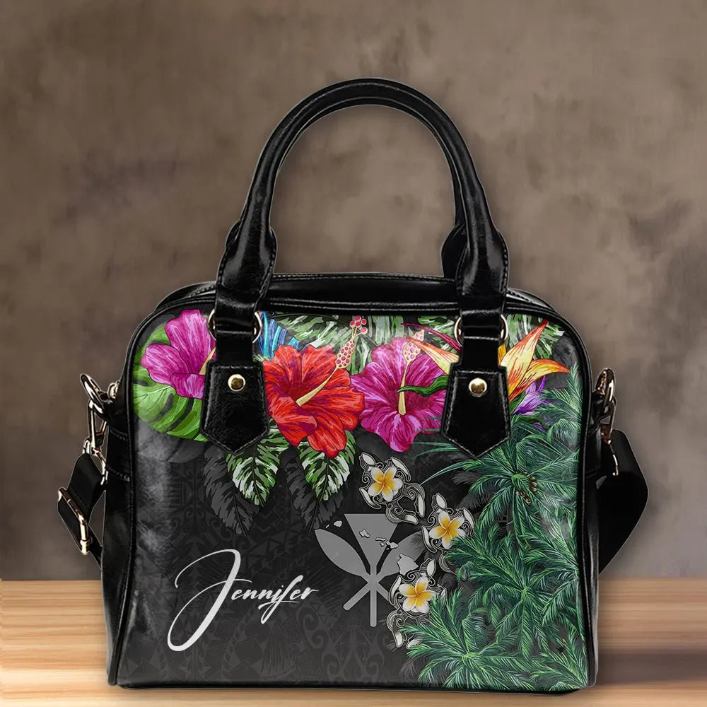 Custom Kanaka Maoli Hawaiian Shoulder Handbag Hibiscus Turtle Tattoo Gray Personal Signature