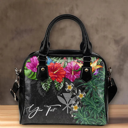Custom Kanaka Maoli Hawaiian Shoulder Handbag Hibiscus Turtle Tattoo Gray Personal Signature