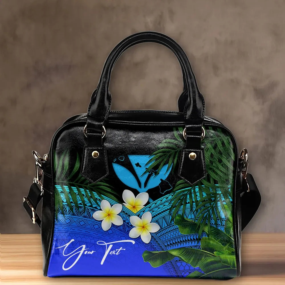 Custom Kanaka Maoli Hawaiian Shoulder Handbag, Polynesian Plumeria Banana Leaves Blue Personal Signature