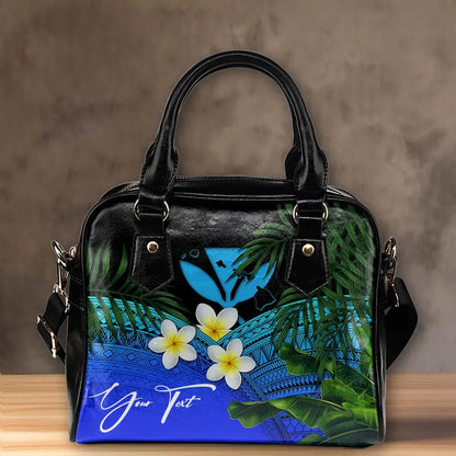 Custom Kanaka Maoli Hawaiian Shoulder Handbag, Polynesian Plumeria Banana Leaves Blue Personal Signature