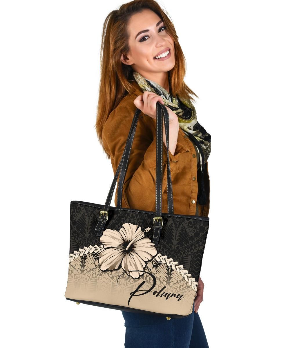 Custom Poliana Polynesian Small Leather Tote Bag Hibiscus Personal Signature