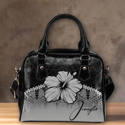 Custom Polynesian Shoulder Handbag Gray Hibiscus Personal Signature