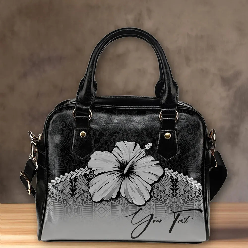 Custom Polynesian Shoulder Handbag Gray Hibiscus Personal Signature