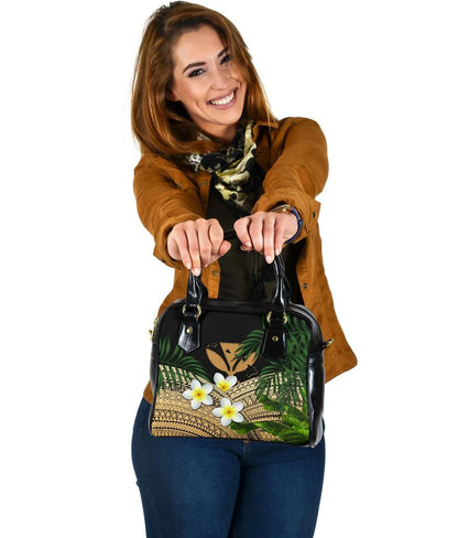 Kanaka Maoli Hawaiian Shoulder Handbag, Polynesian Plumeria Banana Leaves Gold