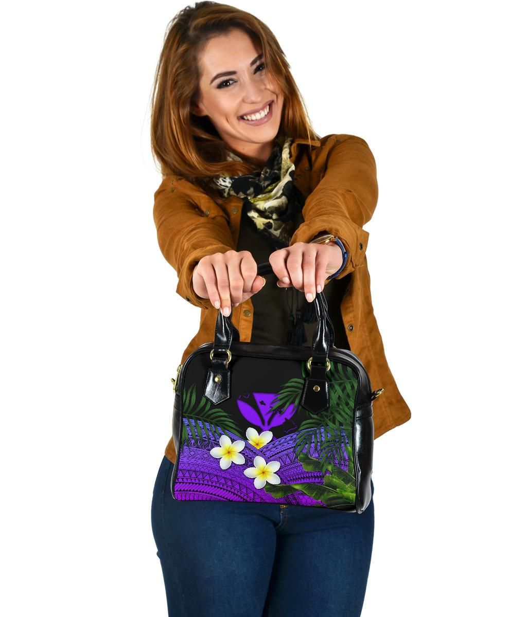 Kanaka Maoli Hawaiian Shoulder Handbag, Polynesian Plumeria Banana Leaves Purple