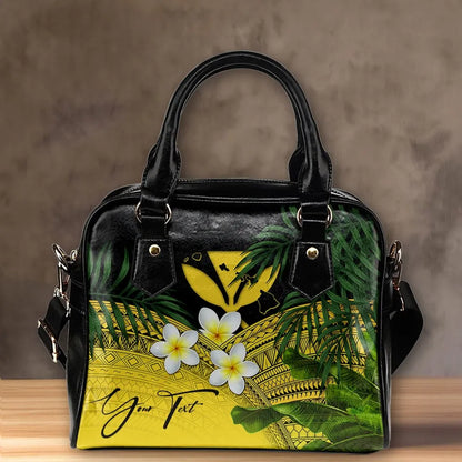 Custom Kanaka Maoli Hawaiian Shoulder Handbag, Polynesian Plumeria Banana Leaves Yellow Personal Signature