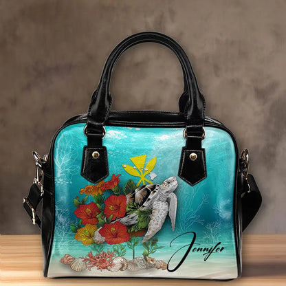 Custom Kanaka Maoli Hawaiian Shoulder Handbag Ocean Turtle Hibiscus Personal Signature 