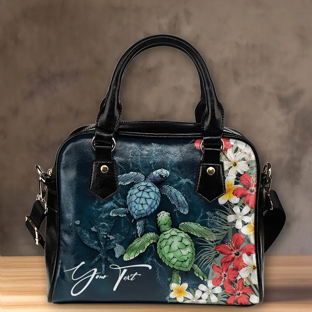 Custom Kanaka Maoli Hawaiian Shoulder Handbag Sea Turtle Tropical Hibiscus And Plumeria Personal Signature