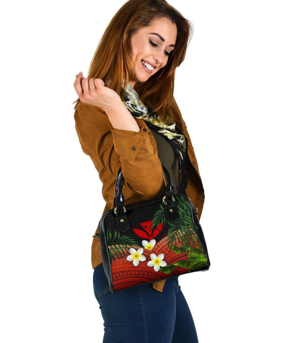 Kanaka Maoli Hawaiian Shoulder Handbag, Polynesian Plumeria Banana Leaves Red