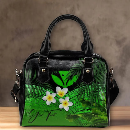 Custom Kanaka Maoli Hawaiian Shoulder Handbag, Polynesian Plumeria Banana Leaves Green Personal Signature
