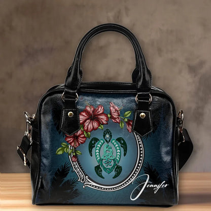 Custom Kanaka Maoli Hawaiian Shoulder Handbag Polynesian Ohana Turtle Hibiscus Mother Son Personal Signature 