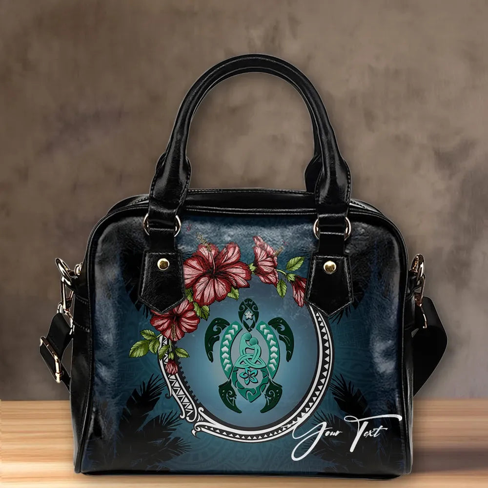 Custom Kanaka Maoli Hawaiian Shoulder Handbag Polynesian Ohana Turtle Hibiscus Mother Son Personal Signature 