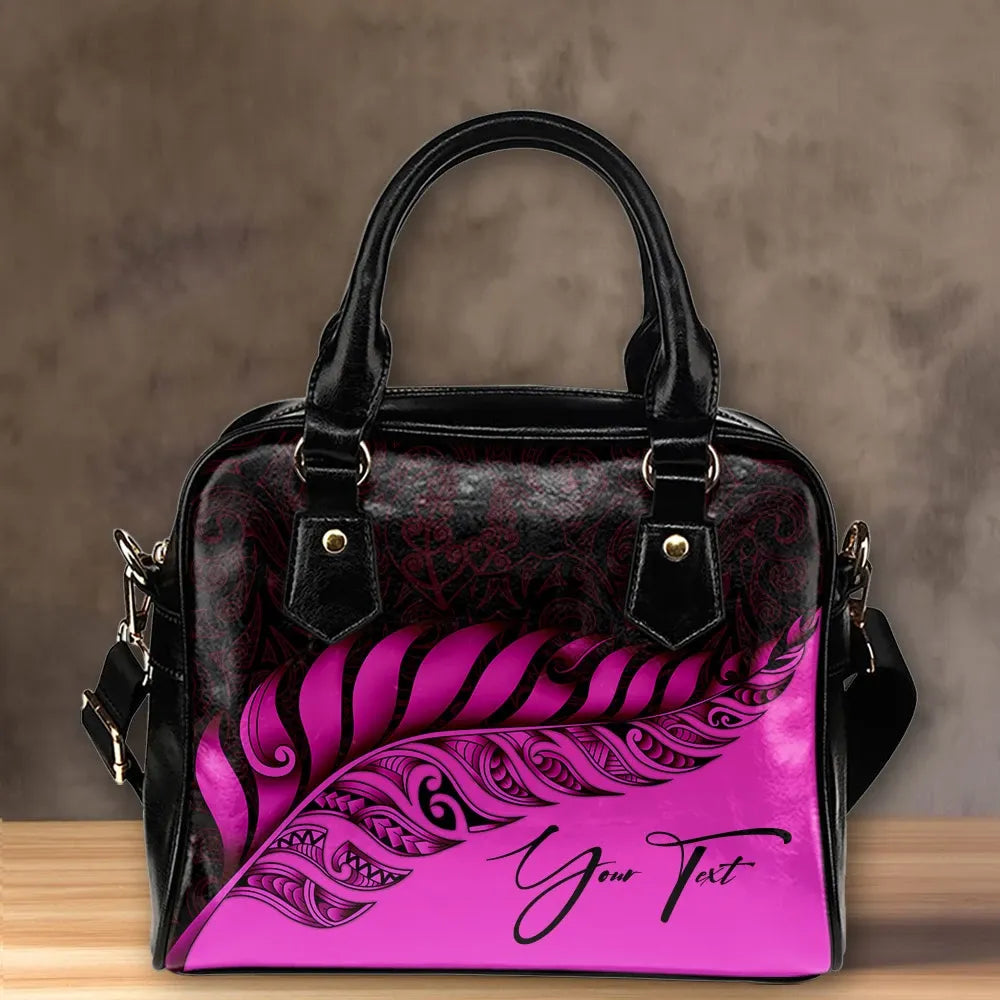 Custom New Zealand Shoulder Handbag Silver Fern Kiwi Personal Signature Pink