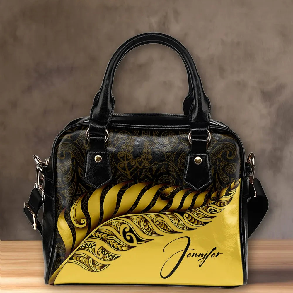 Custom New Zealand Shoulder Handbag Silver Fern Kiwi Personal Signature Yellow