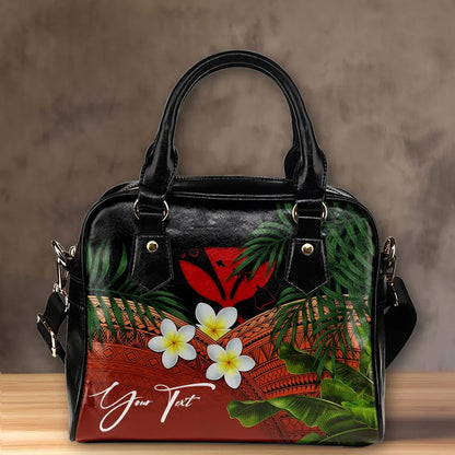 Custom Kanaka Maoli Hawaiian Shoulder Handbag, Polynesian Plumeria Banana Leaves Red Personal Signature
