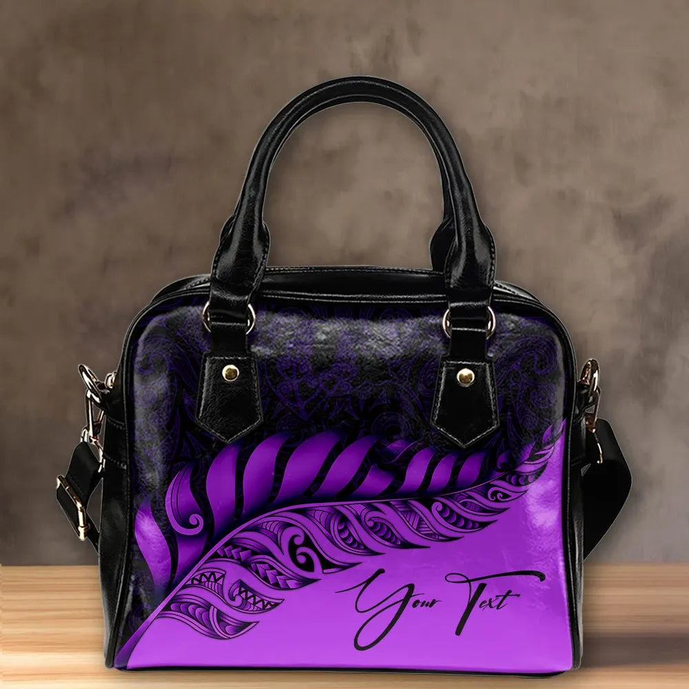 Custom New Zealand Shoulder Handbag Silver Fern Kiwi Personal Signature Purple