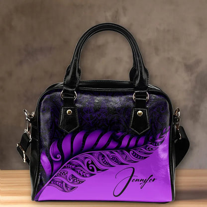 Custom New Zealand Shoulder Handbag Silver Fern Kiwi Personal Signature Purple