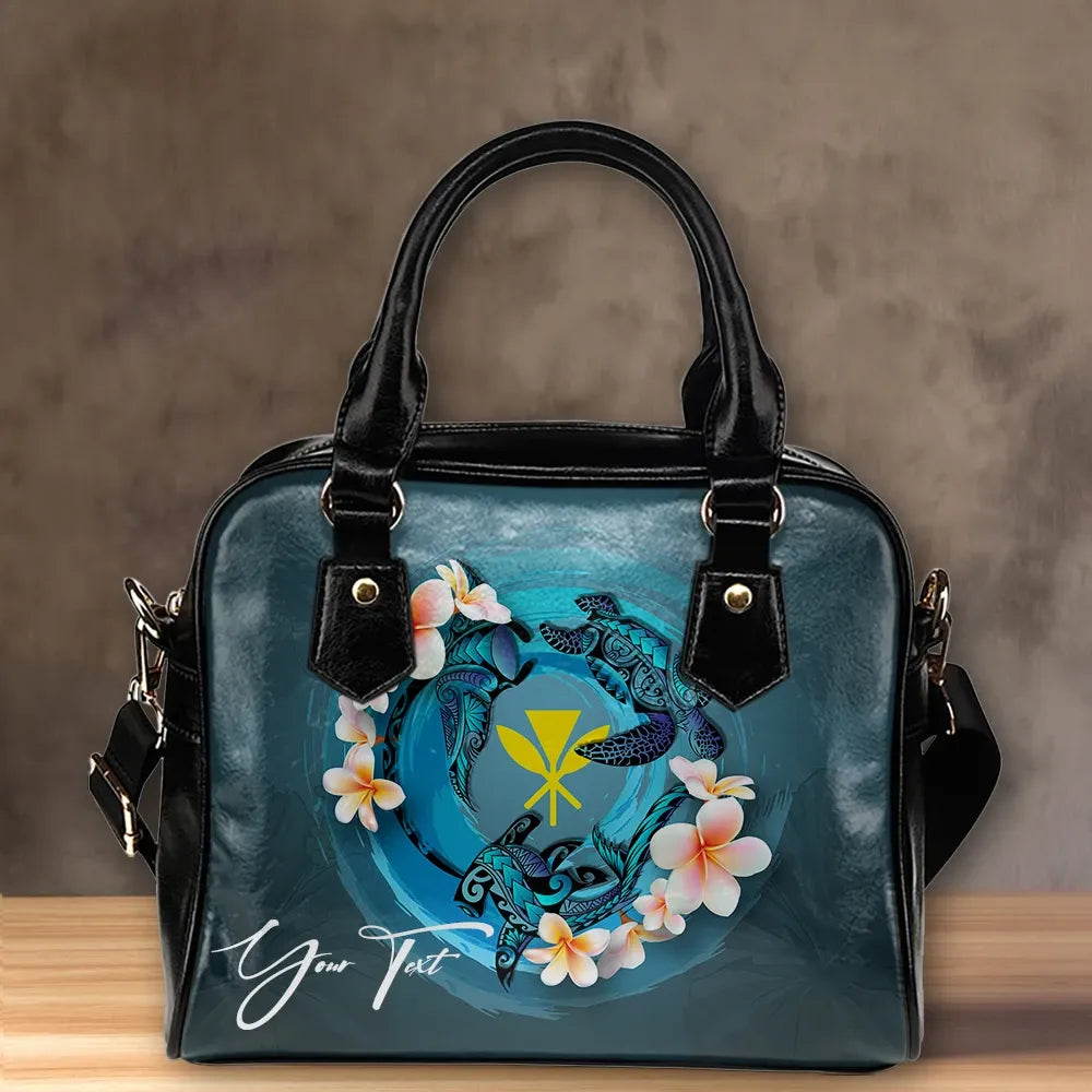 Custom Kanaka Maoli Hawaiian Shoulder Handbag Blue Plumeria Animal Tattoo