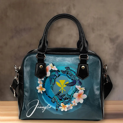 Custom Kanaka Maoli Hawaiian Shoulder Handbag Blue Plumeria Animal Tattoo