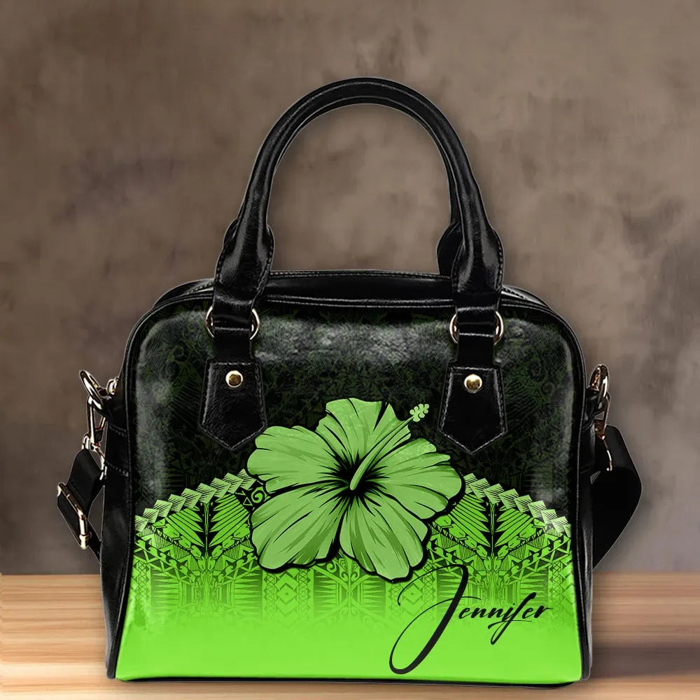Custom Polynesian Shoulder Handbag Green Hibiscus Personal Signature