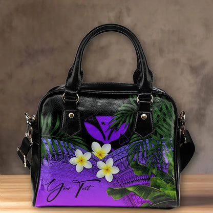 Custom Kanaka Maoli Hawaiian Shoulder Handbag, Polynesian Plumeria Banana Leaves Purple Personal Signature