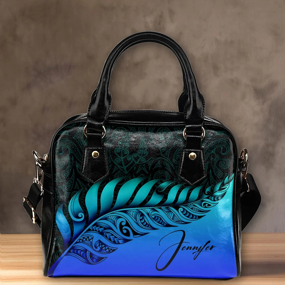 Custom New Zealand Shoulder Handbag Silver Fern Kiwi Personal Signature Blue
