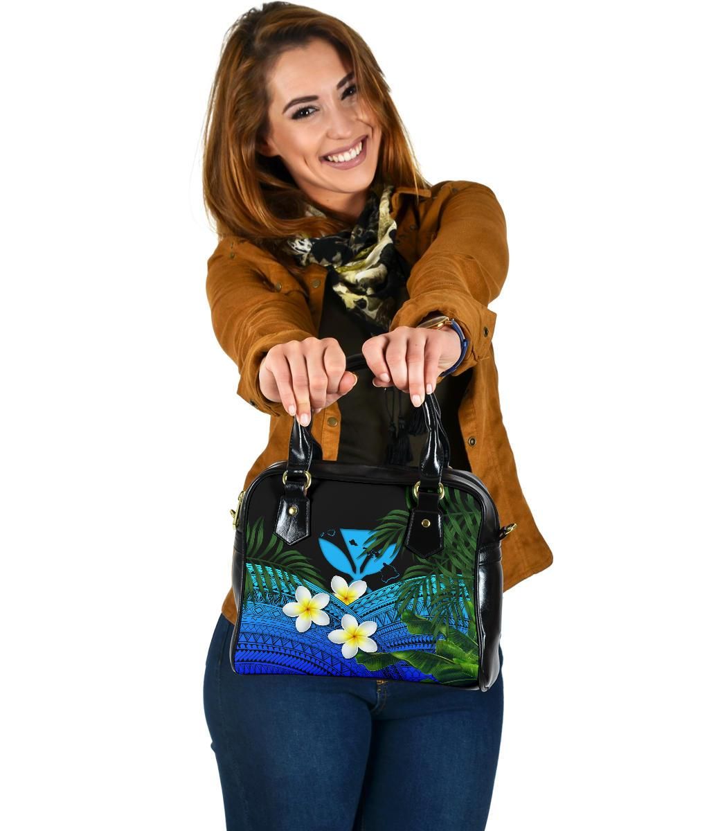 Kanaka Maoli Hawaiian Shoulder Handbag, Polynesian Plumeria Banana Leaves Blue