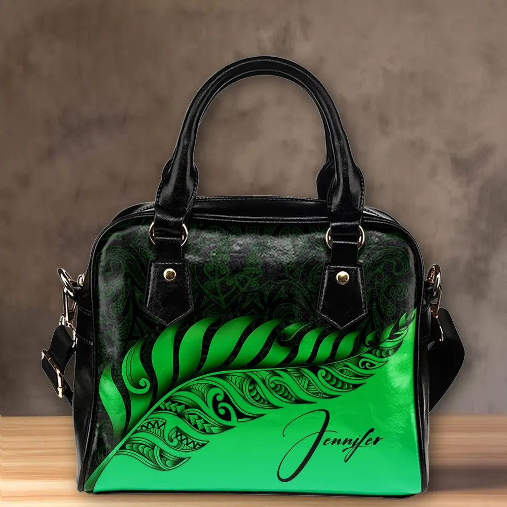 Custom New Zealand Shoulder Handbag Silver Fern Kiwi Personal Signature Green