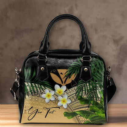 Custom Kanaka Maoli Hawaiian Shoulder Handbag, Polynesian Plumeria Banana Leaves Gold Personal Signature