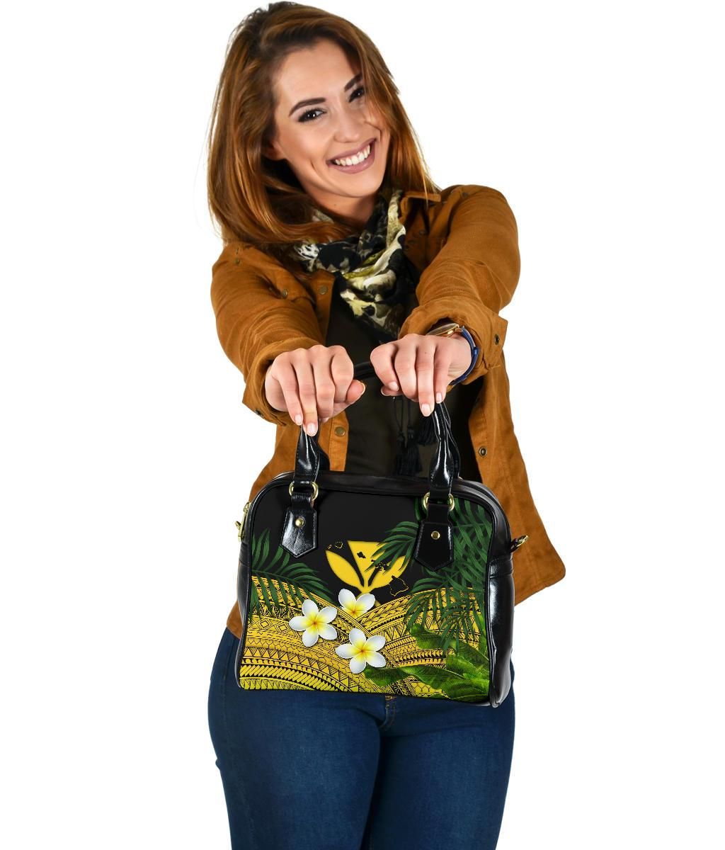 Kanaka Maoli Hawaiian Shoulder Handbag, Polynesian Plumeria Banana Leaves Yellow