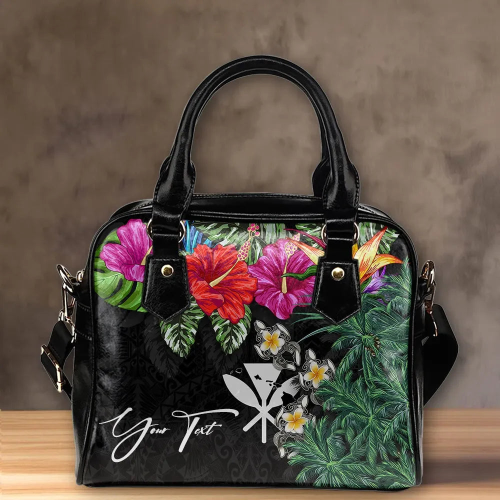 Custom Kanaka Maoli Hawaiian Shoulder Handbag Hibiscus Turtle Tattoo Black Personal Signature