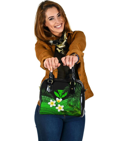 Kanaka Maoli Hawaiian Shoulder Handbag, Polynesian Plumeria Banana Leaves Green