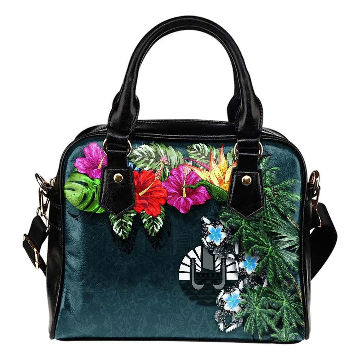 Tahiti Shoulder Handbag Hibiscus Turtle Tattoo Blue