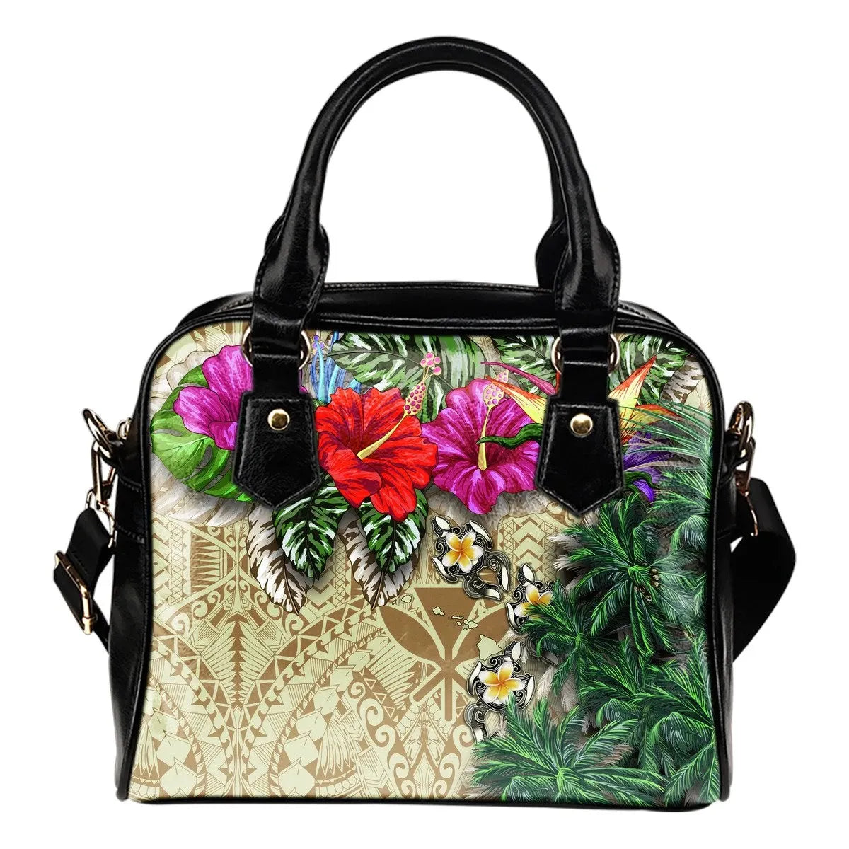 Kanaka Maoli Hawaiian Shoulder Handbag Hibiscus Turtle Tattoo Beige