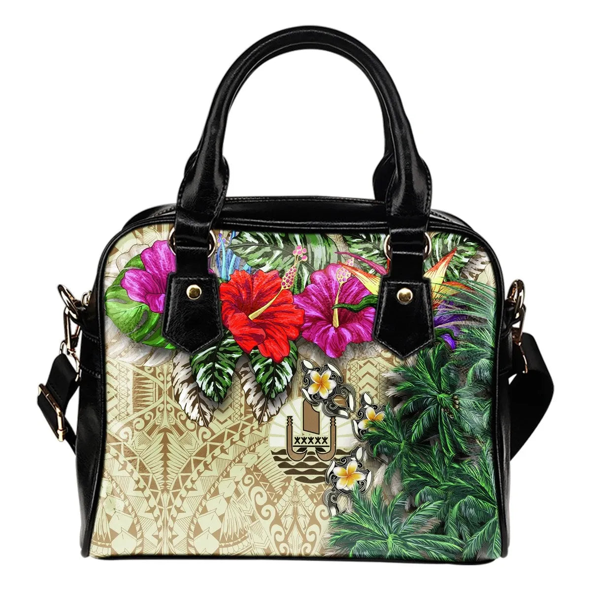 Tahiti Shoulder Handbag Hibiscus Turtle Tattoo Beige