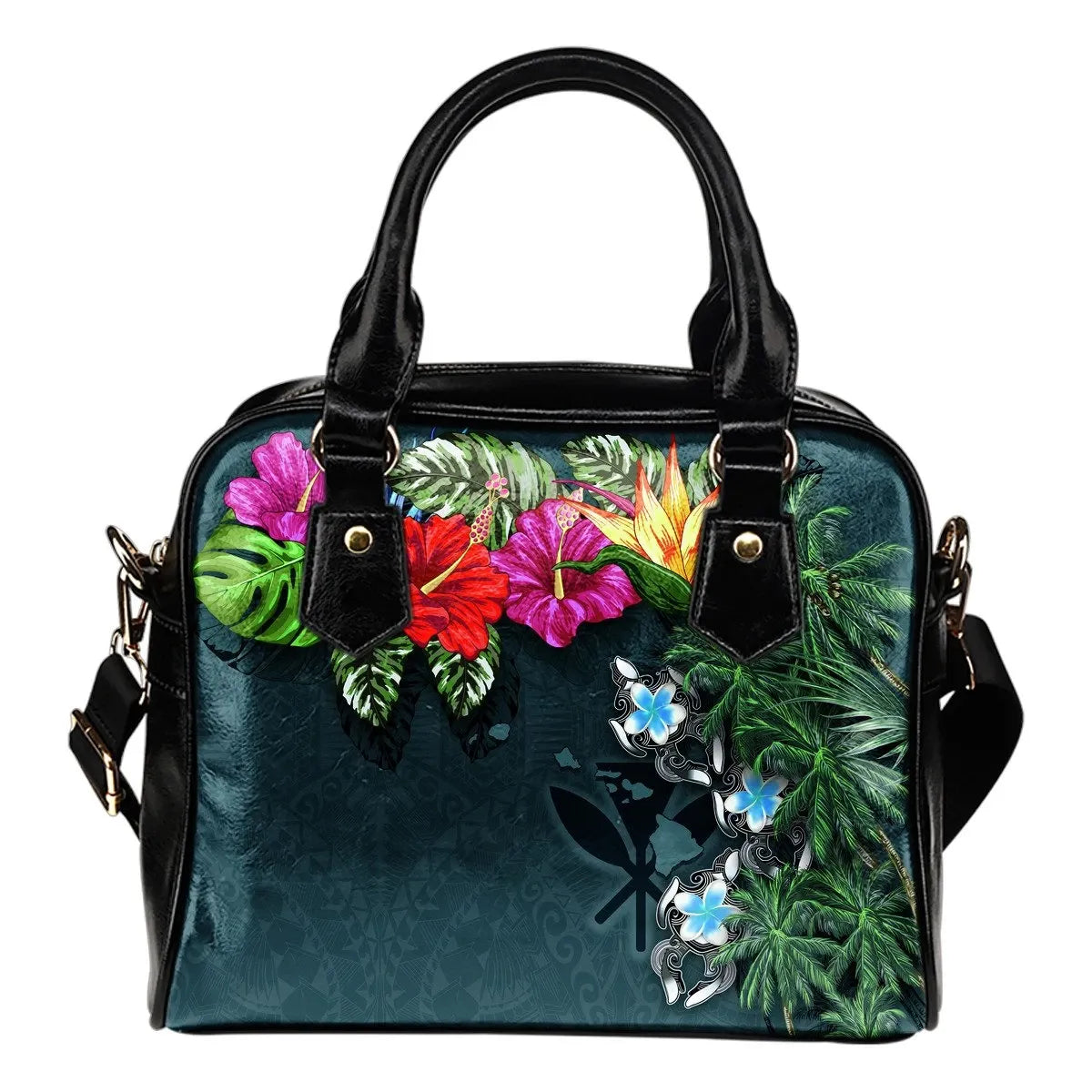 Kanaka Maoli Hawaiian Shoulder Handbag Hibiscus Turtle Tattoo Blue