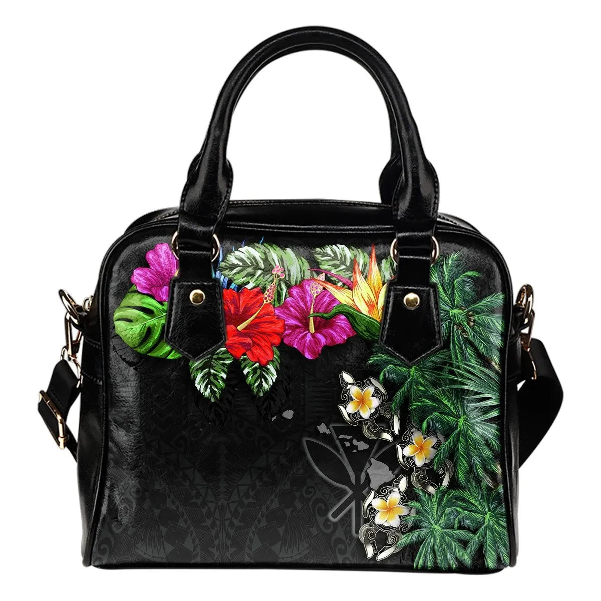 Kanaka Maoli Hawaiian Shoulder Handbag Hibiscus Turtle Tattoo Gray
