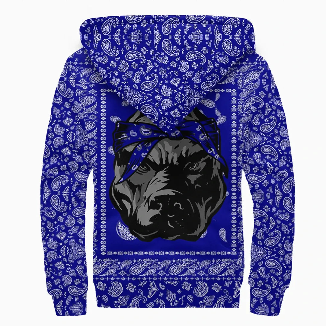 Crips Gang Bulldog Sherpa Hoodie Blue Bandana Pattern Printed Fleece Hoodie