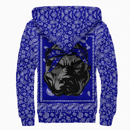 Crips Gang Bulldog Sherpa Hoodie Blue Bandana Pattern Printed Fleece Hoodie