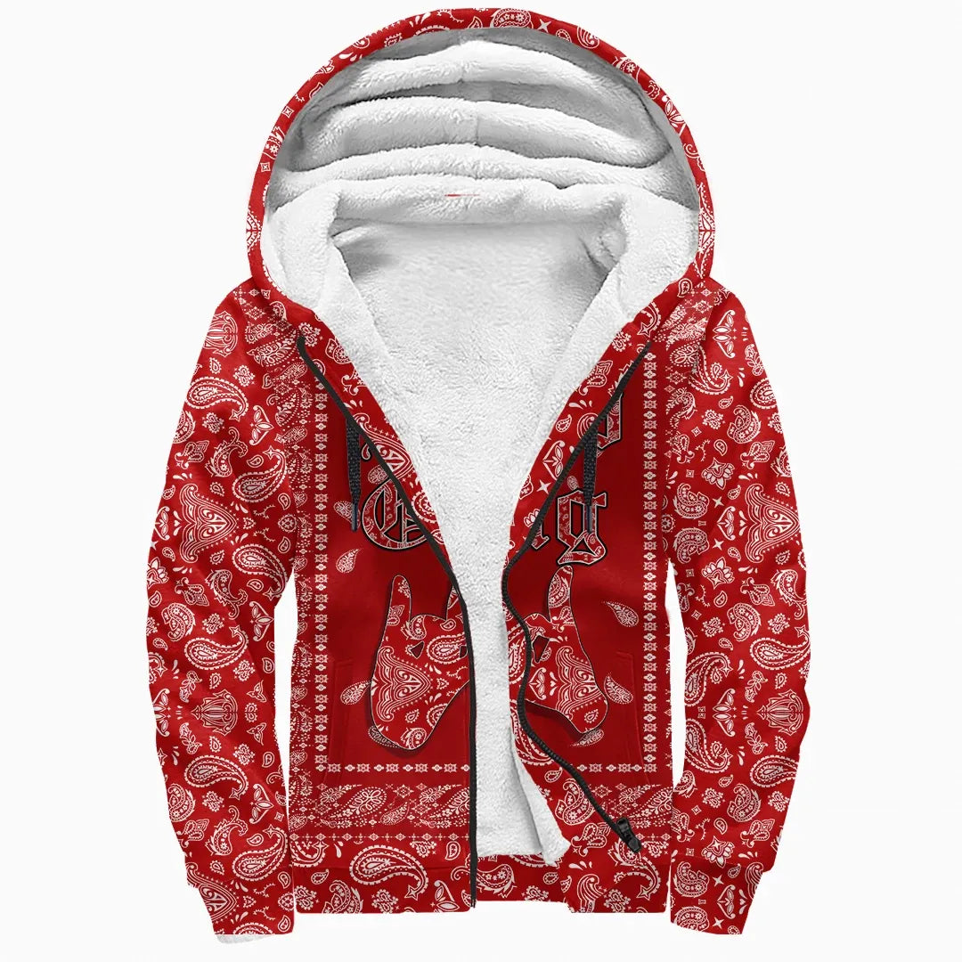 Blood Gang Bulldog Sherpa Hoodie Red Bandana Pattern Printed Fleece Hoodie