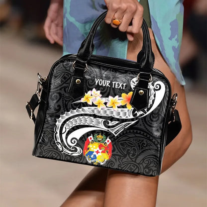 Tonga Custom Personalised Shoulder Handbag Tonga Seal Polynesian Patterns Plumeria Black