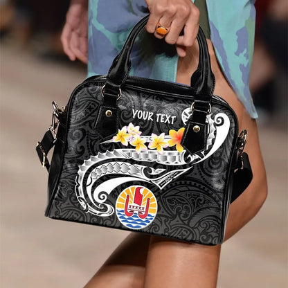 Tahiti Custom Personalised Shoulder Handbag Tahiti Seal Polynesian Patterns Plumeria Black