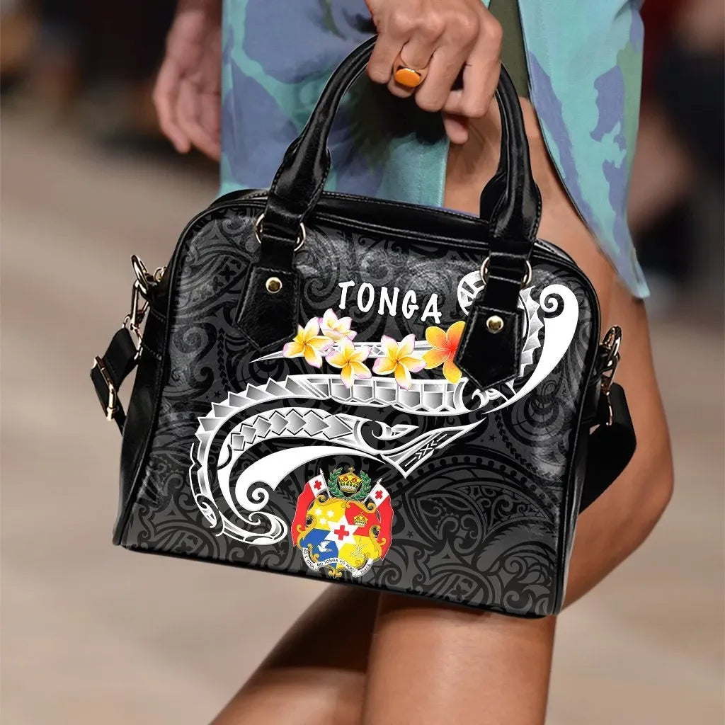 Tonga Shoulder Handbag Tonga Seal Polynesian Patterns Plumeria Black