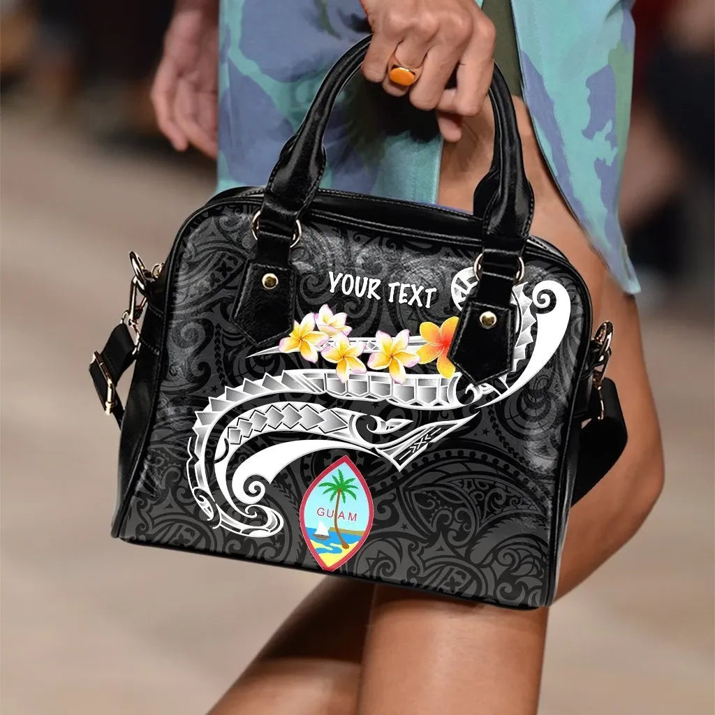 Guam Personalised Shoulder Handbag Guam Seal Polynesian Patterns Plumeria Black