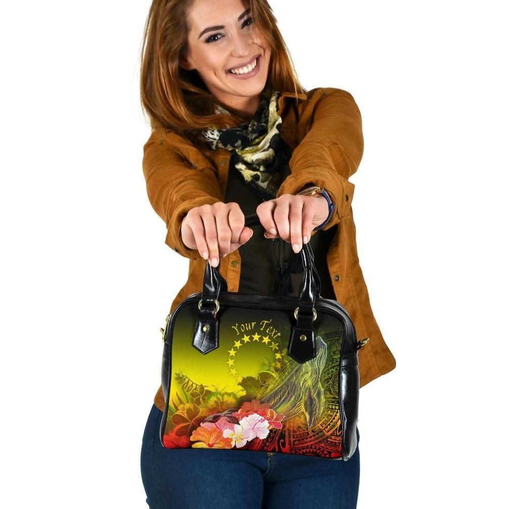 Cook Islands Custom Personalised Shoulder Handbags Humpback Whale With Tropical Flowers Yellow
