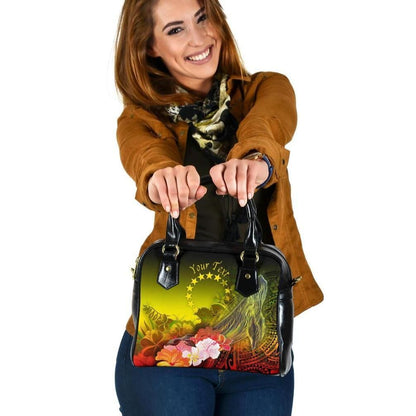 Cook Islands Custom Personalised Shoulder Handbags Humpback Whale With Tropical Flowers Yellow