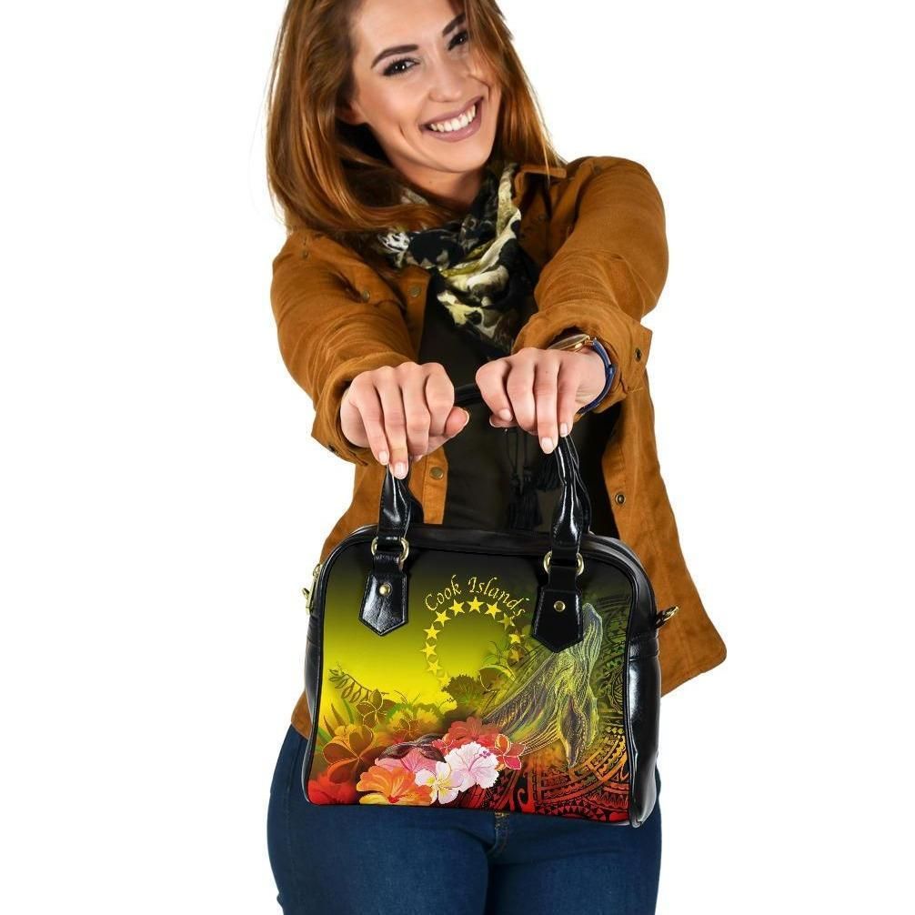 Cook Islands Shoulder Handbag Humpback Whale With Tropical Flowers Yellow